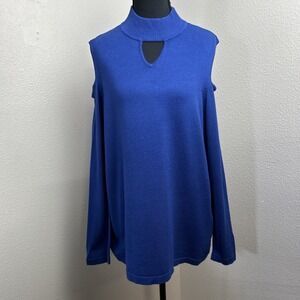 Susan Graver Top Women's L Blue Knit Long Sleeve Keyhole Mock Neck Cold Shoulder
